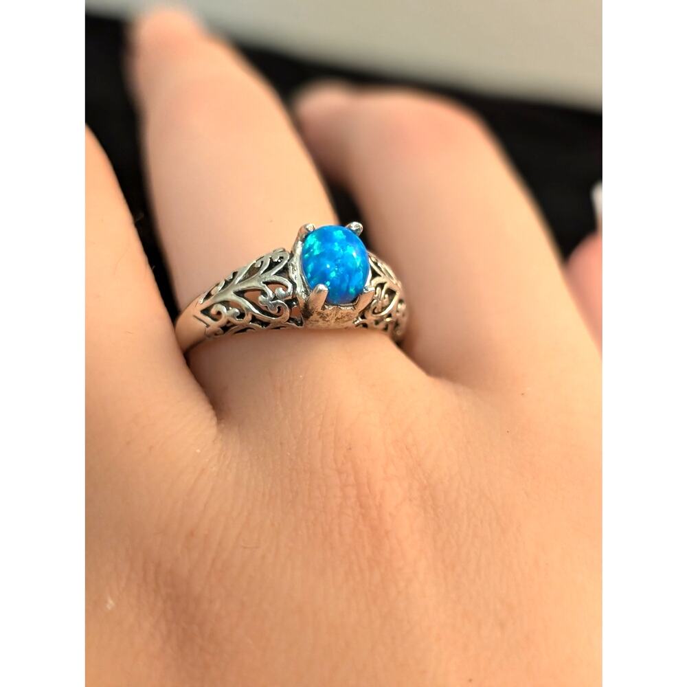 Brilliant Blue Opal Filigree 925 Sterling Silver MF Ring Size 8.5